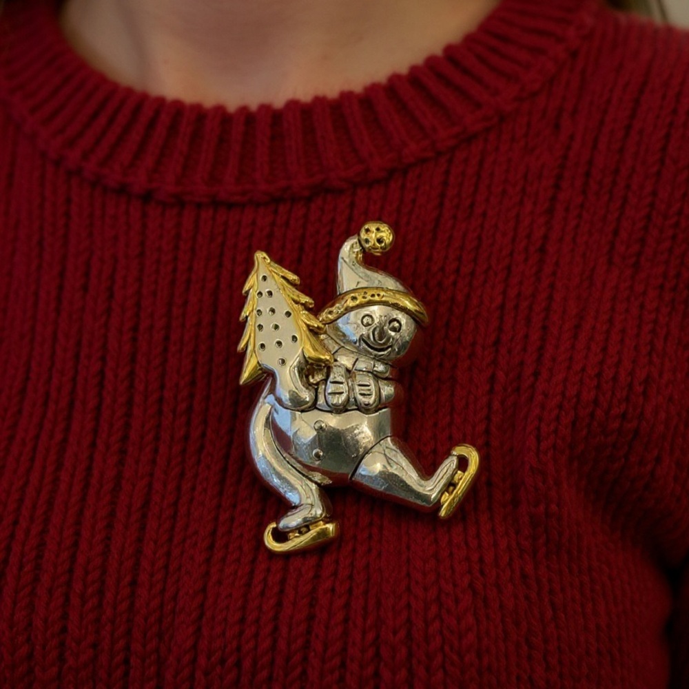 “Best” vintage ice skating snowman brooch